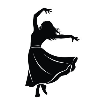 Silhouette of a woman in a flowing dress dancing with arms outstretched and head tilted back, captured in a graceful pose