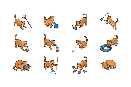 Cat chasing feather wand, cat batting yarn ball, cat pouncing on toy mouse, cat jumping for teaser, cat playing with bell ball,
