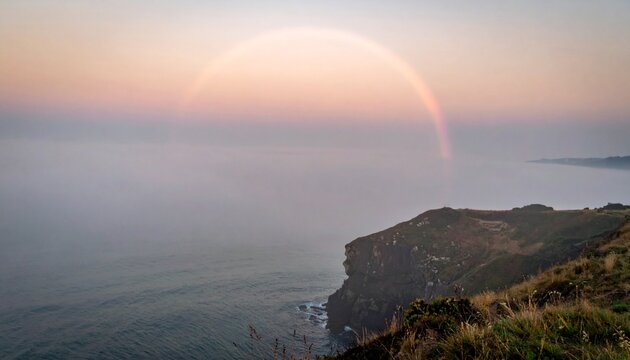 Dramatic coastal cliff with fog bow over misty sea at sunrise