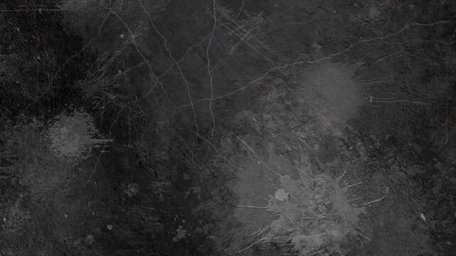 4K Cinematic dark grunge texture overlay featuring explosive white paint splatters, fine intersecting scratches, and mottled dust on a black background for VFX compositing.