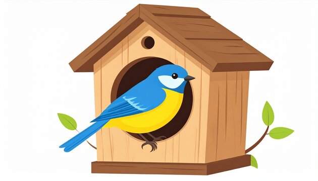 Great tit bird perched on wooden nest box with green leaves in springtime