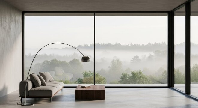 Modern interior with large windows and a view of trees and fog