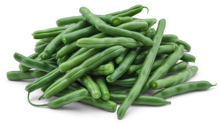 Fototapeta premium A group of fresh raw green beans arranged in a pile on a plain white background