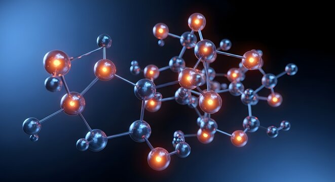 Futuristic blue and orange glowing molecular chemical structure