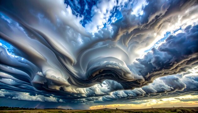 Dramatic asperitas clouds with undulating waves under blue sky at sunset