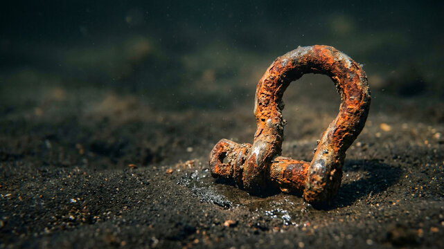 Detailed macro shot of an old iron shackle underwater. Perfect for shipwreck exploration themes and industrial maritime backgrounds.