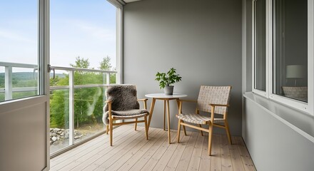 Fototapeta premium Balcony with chairs and table, outdoor space, cozy and relaxing.