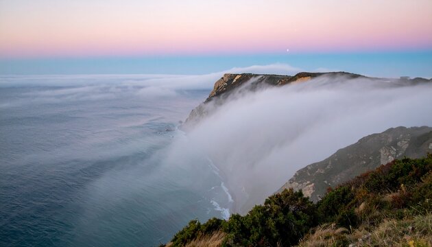 Dramatic coastal cliff with sea mist and rare fogbow at sunrise