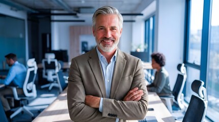 Fototapeta premium Confident mature businessman with arms crossed smiling in modern office background