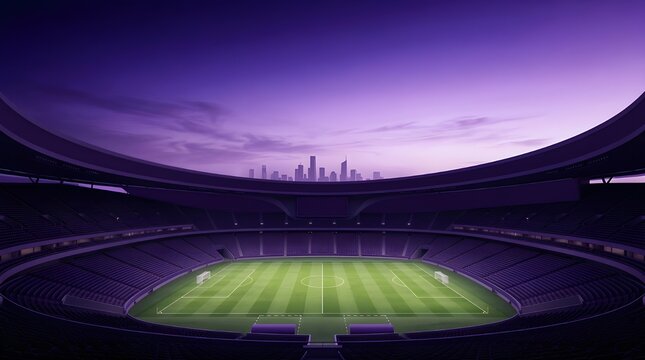 Vast soccer stadium under a deep purple sky with city skyline and glowing stadium lights