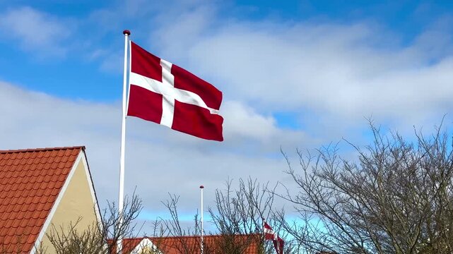 Denmark flag with flagpole waving in wind, rolling clouds background looping, 4K video 