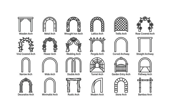 Garden arches with wooden trellis arch, metal arbor, rose covered archway, vine tunnel and decorative outdoor gateways clean