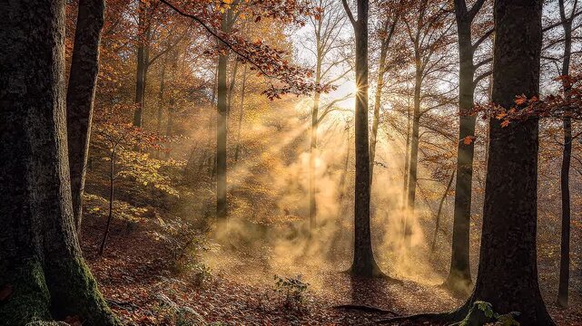 Beautiful light of sun with sunbeam in foggy forest in autumn morning nature
