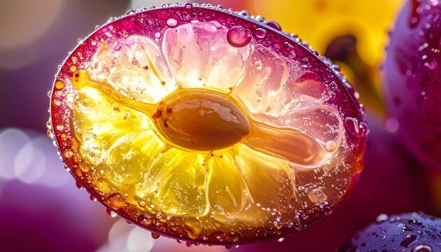 macro cross-section of juicy grape with seed and translucent pulp on vibrant background