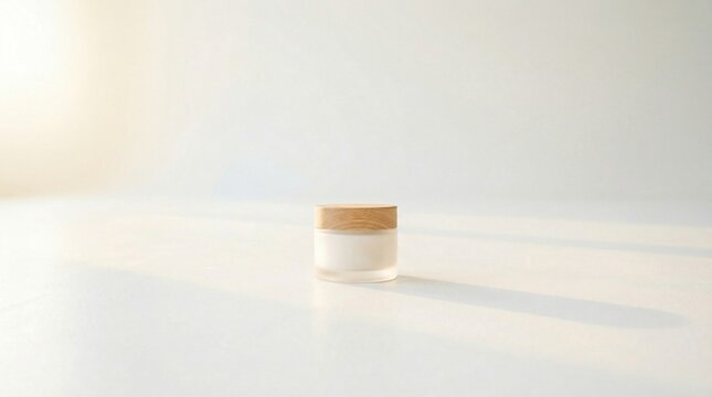 탁 트인 화이트 공간 속 나른한 오후 햇살을 머금은 불투명 유리 단지 목업