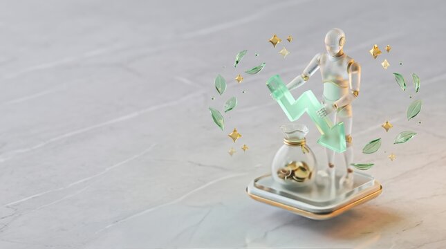 Financial Growth Concept with Money Bag and Rising Chart on Marble Platform 3D Render