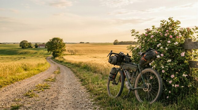 Touring bicycle parked by wild roses on a countryside road. Adventure travel and cycling expedition. Bike packing across summer fields at sunset. Outdoors active lifestyle and exploration concept