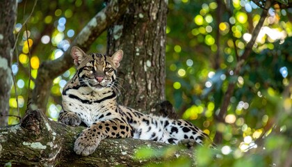 Obraz premium Clouded leopard resting on tree branch in dappled forest sunlight