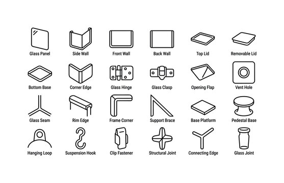 Glass terrarium parts with lids, bases, walls, corners, openings, and structural features clean monoline outline icon set showing