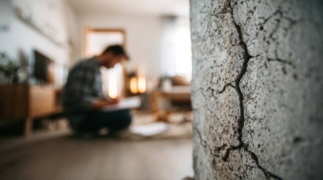 man looking at his crack in his apartment