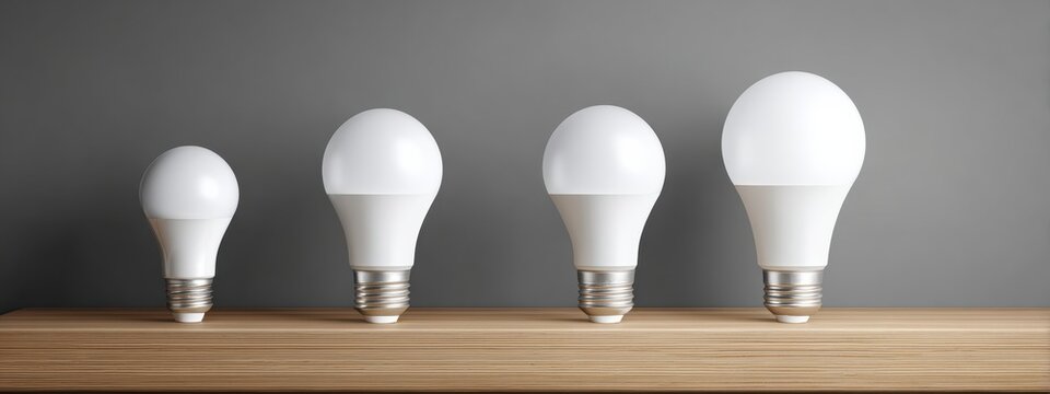 Four LED light emit diodes on wooden surface, energy efficient concept