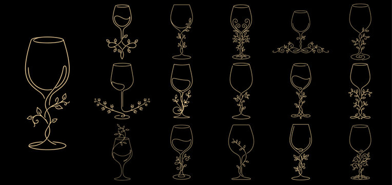 Minimalist Wine Glass Vine Line Icon Set, Continuous Line Art Vector on Charcoal Background