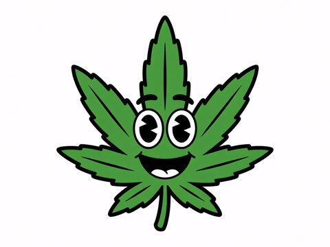 A cartoon cannabis leaf with a smiling face and big eyes on a white background