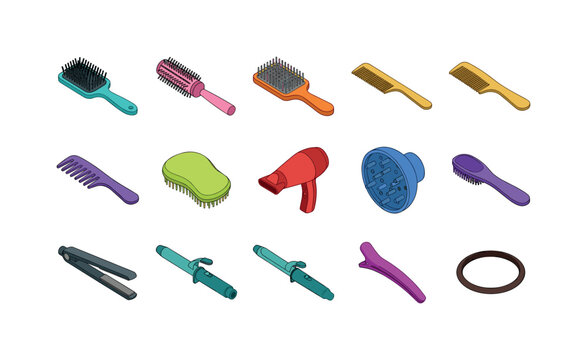 Hair brush, round brush, paddle brush, comb, wide tooth comb, detangling brush, hair dryer, diffuser attachment, straightener iron