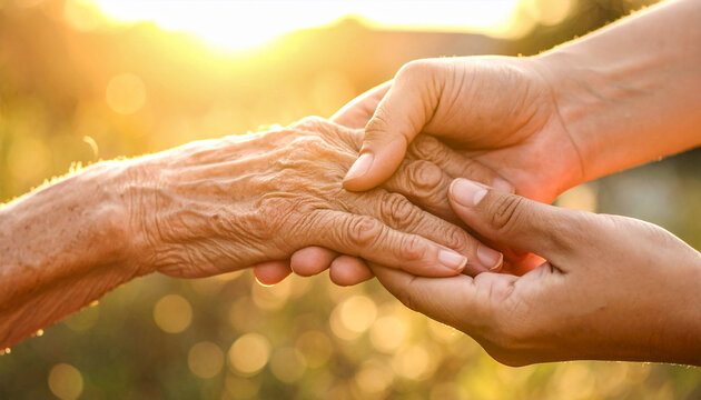 Manos de una asistente social sostienen la mano de una persona anciana, en concepto de cuidado a los mayores, apoyo a la tercera edad, acompa&ntilde;amiento y atenci&oacute;n geri&aacute;trica cercana