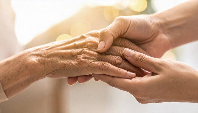 Manos de una asistente social sostienen la mano de una persona anciana, en concepto de cuidado a los mayores, a la tercera edad, y atenci&oacute;n geri&aacute;trica cercana en el d&iacute;a mundial del alzheimer