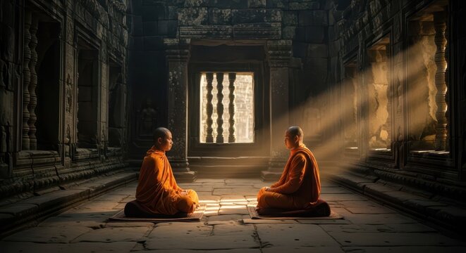 Two monks in orange robes meditate silently inside an ancient stone temple filled with golden sunlight.