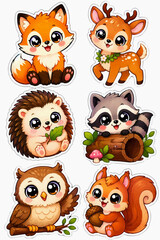 Obraz premium Cute woodland animals sticker set with fox deer raccoon owl hedgehog and squirrel 
