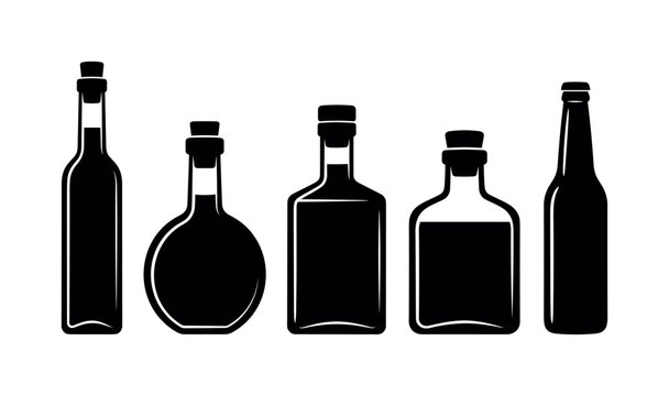 Glass bottles in different shapes including tall narrow bottle, round body bottle, square bottle, short wide bottle, long neck