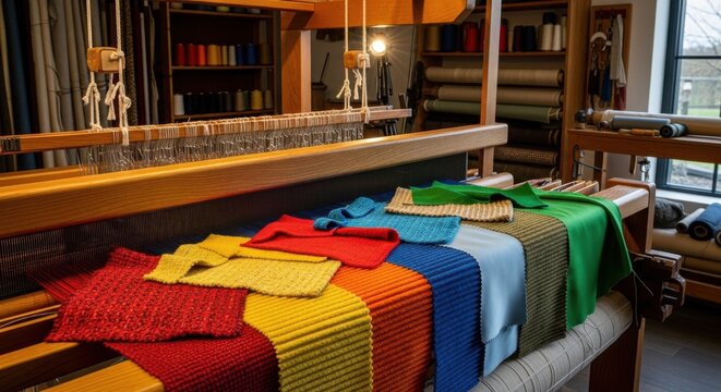 Vibrant Fabric Swatches Displayed on a Loom in a Textile Workshop