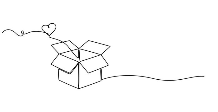 Animated self drawing continuous One line drawing of donate box with heart. Concept of help support and volunteer activity in simple linear style, continuous line drawing of donate box with heart. 