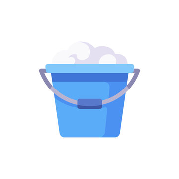 plastic blue bucket, cleaning container, with foam, colorful vector flat style illustration