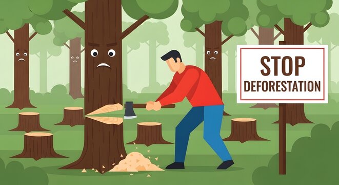 Illustration of a man cutting down a tree in a forest with a stop deforestation sign