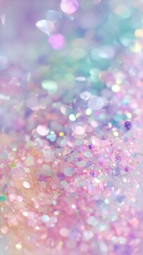 Dreamy pastel glitter and sequins with soft bokeh on light background