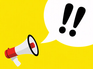 Fototapeta premium A cartoon megaphone with a speech bubble containing exclamation marks on a bright yellow background