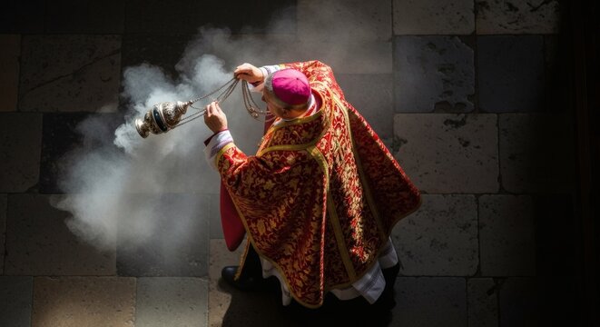 Overhead shot of a Catholic clergyman in red vestments performing a religious incensing ceremony with a smoking thurible, seen from above.