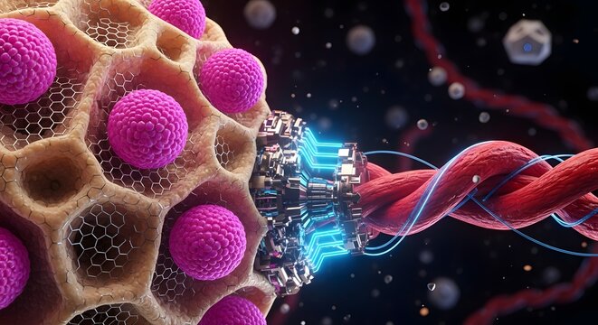 Biomechanical nanobot injecting genetic material into an organic honeycomb cell