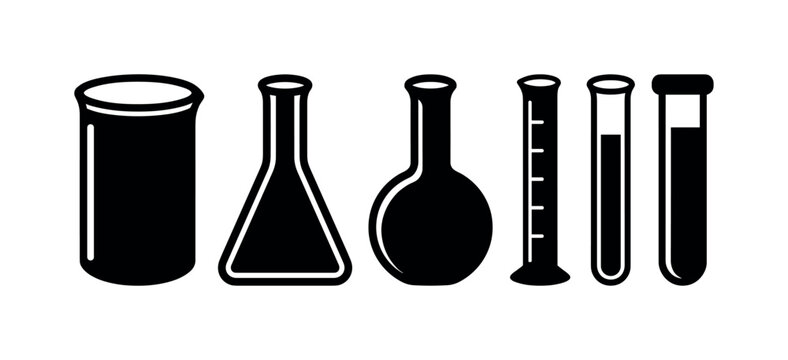 Beaker glass wide mouth cylinder, Erlenmeyer flask conical shape, round bottom flask spherical base, graduated cylinder tall