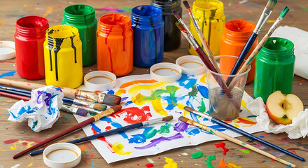 Fototapeta premium Colorful paint jars brushes and a painted paper arrangement on transparent background