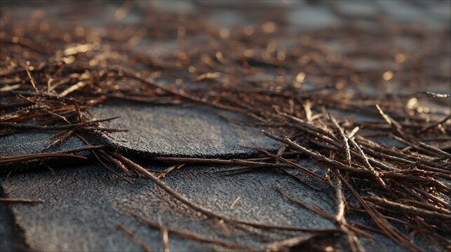 Dry pine needles scattered on roof tiles.