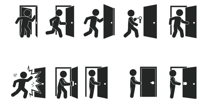 Access entry exit open close break door stick figure icon set showing human actions, ideal for safety instructions, emergency guidance, and simple vector illustration signage use.