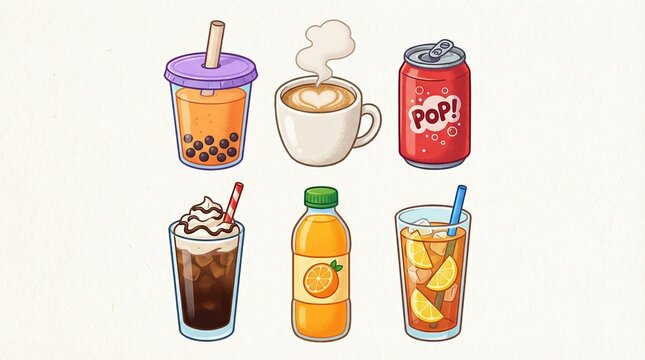 Six illustrated beverages in colorful cartoon style on pastel checkered background, including bubble tea, coffee, cola, juice, and iced drinks.