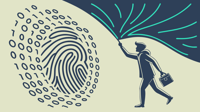 Businessman uncovering digital fingerprint with binary code and data exposure