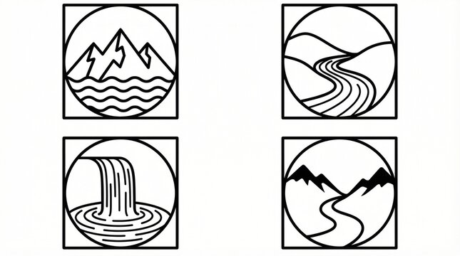 Minimalist 2x2 grid of line art landscapes including mountains, rivers, waterfall, and valleys in geometric style.