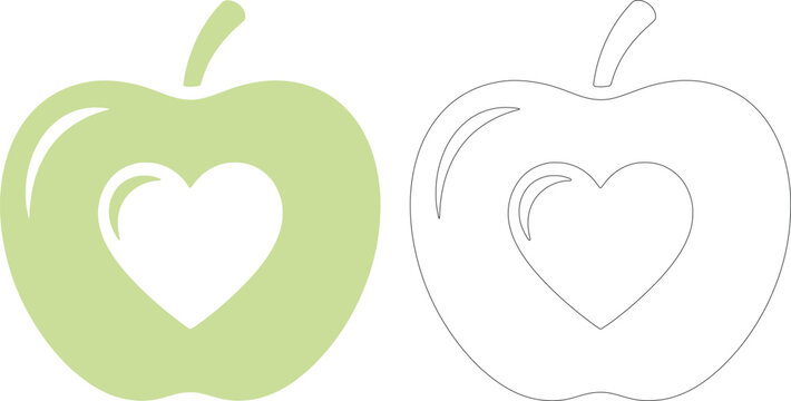 Green apple with heart shape outline and solid fill