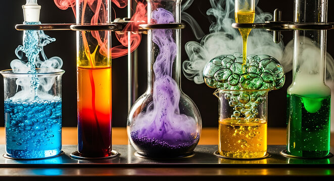 Exciting colorful liquid reactions in diverse laboratory glassware, illustrating dynamic scientific processes and mixing